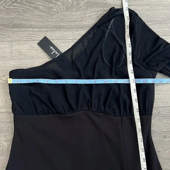 Lulus Stunning Essence One Shoulder Mermaid Maxi Dress Large Black Slit Mesh NWT - Picture 12 of 12